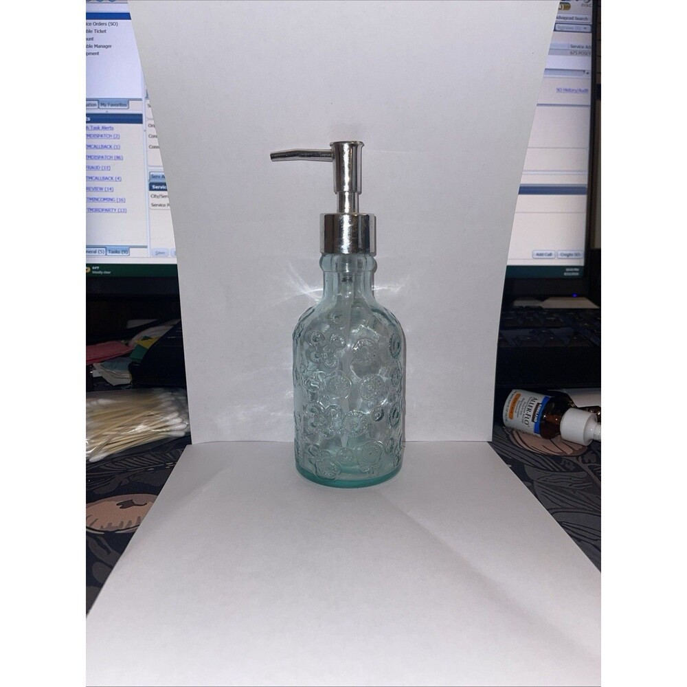 Glass Soap Dispenser 8 in Floral Pattern Clear